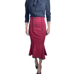 Red High-Waist Ponte Midi Skirt • Fishtail Peplum Pencil • Retro Office to Party